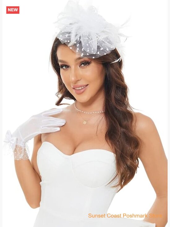 Fascinator Hat with Clip Headband and Short Lace Bowknot Gloves 2 Piece Set main image 6
